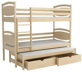 Detská poschodová posteľ z masívu borovice EMA s prístelkou a šuplíkmi - 200x90 cm - PRÍRODNÁ BOROVICA