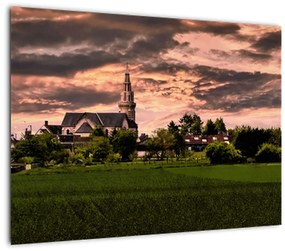 Sklenený obraz krajiny s kostolom (70x50 cm)