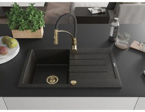 Mexen Bruno, 1-komorový granitový drez 795x495x200 mm a drezová batéria Aster, čierna-zlatá metalíza, 6513-75-73450-57-G
