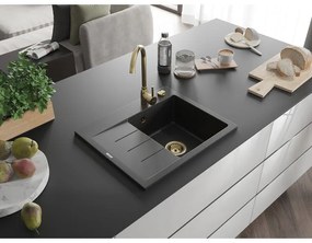 Mexen Ben, 1-komorový granitový drez 600x500x190 mm, pravý + zlatý sifón, čierna-strieborná metalíza, 6523605000-73-G