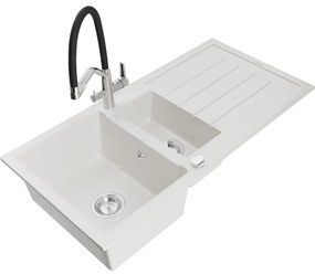 Mexen Andres, granitový drez 1000x500x200 mm, 1,5-komorový a drezová batéria Duo, biela, 6515-20-671701-07