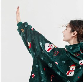 Baránková mikinová deka s rukávmi a kapucňou SNOWMAN AND GINGERBREAD, zelená