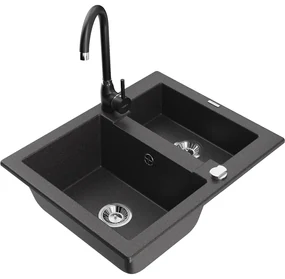Mexen Carlos, granitový drez 582x475x177 mm, 1,5-komorový a čierna drezová batéria Telma, čierna škvrnitá, 6518-76-670200-70