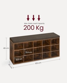 Úložný sedák na topánky, polstrovaný sedací povrch 30 × 105 × 48 cm, v rustikálnej hnedej farbe