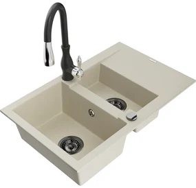 Mexen Gaspar, 1,5-komorový granitový drez 737x475x177 mm a drezová batéria Savita, béžová, 6507-69-672601-70