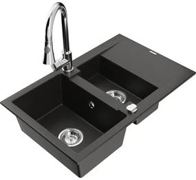 Mexen Gaspar, 1,5-komorový granitový drez 737x475x177 mm a drezová batéria Elia, čierna-zlatá metalíza, 6507-75-670101-00