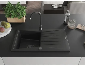 Mexen Cesar, granitový drez 775x470x190 mm, 1-komorový, čierna s čiernym sifónom a čiernou drezovou batériou Telma, 6514-77-670200-70-B