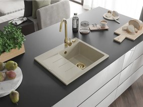 Mexen Ben, 1-komorový granitový drez 600x500x190 mm, pravý + zlatý sifón, béžová, 6523605000-69-G