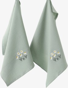 Goldea kuchynská vaflová utierka s výšivkou - harmanček na šalviovom 50 x 70 cm