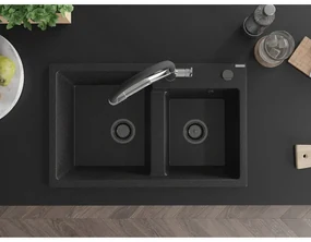Mexen Tomas, 2-komorový granitový drez 800x500x190 mm a kuchynská batéria Duo, čierna-strieborná metalíza, 6516-73-671701-07-B