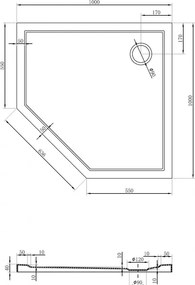 Mexen Flow Slim, päťuholníková úzka sprchová vanička 100 x 100 cm, biela lesklá, 46P101010