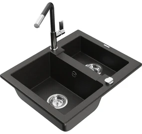 Mexen Carlos, 1,5-komorový granitový drez 582x475x177 mm a drezová batéria Flora, čierna-zlatá metalíza, 6518-75-670401-07