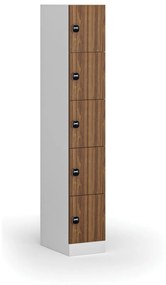 Šatníková skrinka s úložnými boxmi, 5 boxov, 1850 x 300 x 500 mm, zámok s čítačkou RFID kariet, laminované dvere, orech