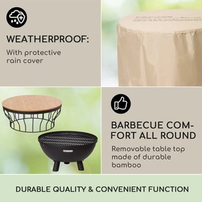 Blumfeldt Nantai, ohnisko s grilom a stolom 3 v 1, Ø 66 cm, grilovací rošt Ø 50 cm, oceľ, bambusová doska