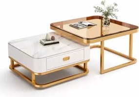 LuxuryForm DESIGN Konferenčný stolík ARAGON 70 × 70 / 60 × 60 cm – zlatý / biely mramor + sklo (set 2 ks)