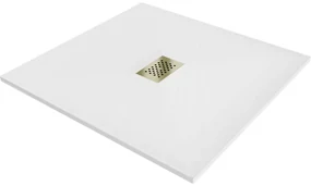Mexen Hugo, štvorcová sprchová vanička SMC 100 x 100 cm, biela, zlatá krytka, 42101010-G