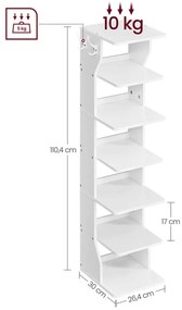 Vasagle Botník CINDY, 6 úrovní, 30x26,4x110,4cm, biela