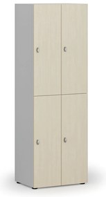 Drevená šatníková skrinka s úložnými boxmi, 4 boxy, otočný zámok, sivá/breza