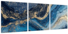 Obraz - Modrozlatý abstraktný mramor (s hodinami) (90x30 cm)