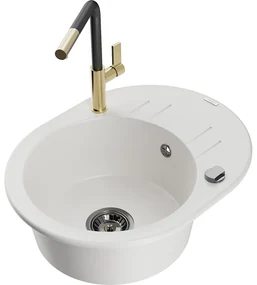 Mexen Kevin, 1-komorový granitový drez 586x458x190 mm a drezová batéria Flora, biela, 6517-20-670401-57-B