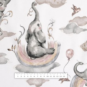 Biante Detský bavlnený behúň na stôl Sandra SA-462 Slony so sivohnedou dúhou na bielom 35x120 cm