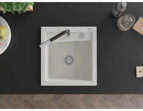 Mexen Vito, 1-komorový granitový drez 490x520x210 mm a drezová batéria Flora, biela, 6503-20-670401-07