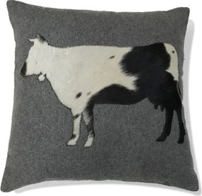 Šedý vlnený vankúš s kravou z hovädzej kože / bielo, čierna - 45 * 45 * 10cm