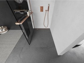 Mexen Kioto+ L, sprchová zástena Walk-In s poličkou a vešiakom 100 x 200 cm, 8mm číre sklo čierny vzor, medený matný profil, 800-100-123-65-77