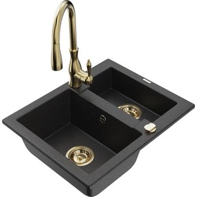 Mexen Carlos, 1,5-komorový granitový drez 582x475x177 mm a drezová batéria Savita, čierna-strieborná metalíza, 6518-73-672601-50