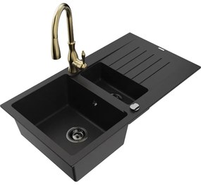 Mexen Matias, 1,5-komorový granitový drez 900x505x200 mm a drezová batéria Savita, čierna, 6502-77-672601-50-B