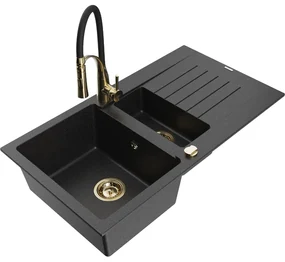 Mexen Matias, granitový drez 900x505x200 mm, 1,5-komorový a drezová batéria Aster, čierna-strieborná metalíza, 6502-73-73450-57-G