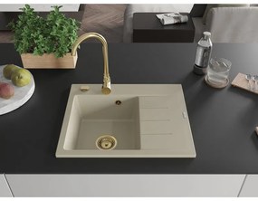 Mexen Ben, 1-komorový granitový drez 600x500x190 mm, ľavý + zlatý sifón, béžová, 6522605000-69-G