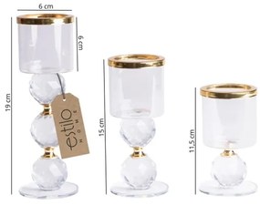 SADA 3x svietnikov, zlaté/priehľadné