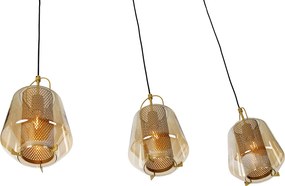 Závesné svietidlo zlaté s jantárovým sklom 23 cm obdĺžnikové 3-svetlo - Kevin