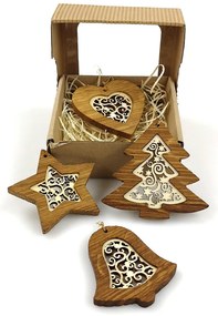 AMADEA Vianočný set 4 druhov drevených ozdôb z masívu s vkladom - ornament + krabička