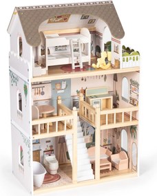 Drevený domček pre bábiky Laura, 3 poschodia, 5 izieb, 15 kusov nábytku, ECOTOYS
