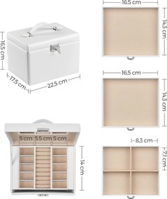 Šperkovnica, organizér na šperky so 4 úrovňami, uzamykateľná, biela