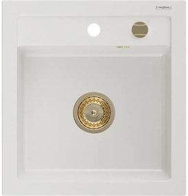 Mexen Vito, granitový drez 520x490x210 mm, 1-komorový, biela so zlatým sifónom, 6503521000-20-G