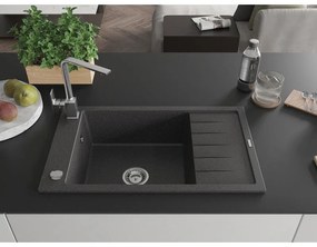 Mexen Elias, granitový drez granitový 795x480x200 mm, 1-komorový, čierna škvrnitá s chrómovým sifónom a chrómová drezová batéria Rita, 6511-76-670300-00