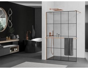 Mexen Kioto+, sprchová zástena Walk-In s poličkou a vešiakom 140 x 200 cm, 8mm číre sklo čierny vzor, medený matný profil, 800-140-121-65-77