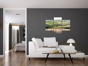 Obraz - Drevená polica s krajinou (90x60 cm)