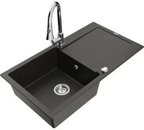 Mexen Leo, 1-komorový granitový drez 900x500x190 mm a drezová batéria Elia, čierna-zlatá metalíza, 6501-75-670101-00