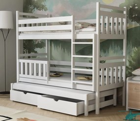 Detská poschodová posteľ z masívu borovice PETR s prístelkou a šuplíky - 200x90 cm - BIELA