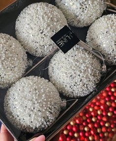 6ks biela strieborná vianočná sklenená ozdoba s korálkami - Ø 8 cm