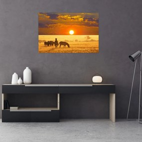 Obraz - Zebry so západom slnka (90x60 cm)