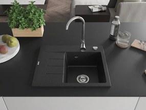 Mexen Ben, 1-komorový granitový drez 600x500x190 mm, pravý + chrómový sifón, čierna-strieborná metalíza, 6523605000-73