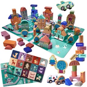 Drevené vzdelávacie kocky s puzzle podložkou – mesto | 181ks