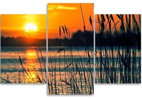 Obraz na plátně třídílný Západ slunce Jezero Tráva Příroda - 90x60 cm