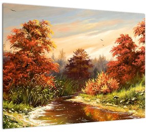 Obraz rieky v jesennej krajine, olejomaľba (70x50 cm)