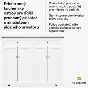 Blumfeldt Etsu, kuchynský ostrov, rozťahovacia pracovná doska, 2 zásuvky, 4 dvierka, možno použiť ako jedálenský stôl, úložný priestor, ľahko sa čistí